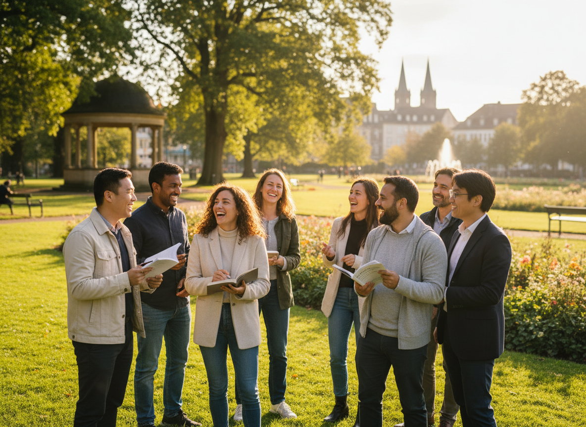 A friendly group of diverse adult language students smiling and talking together outdoors in a sunny German park