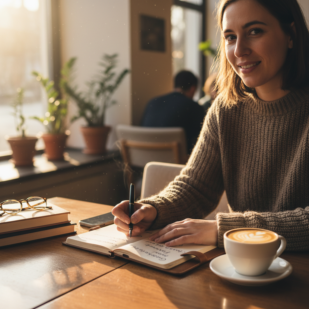 A cozy scene of a person writing German words in a notebook at a bright cafe table