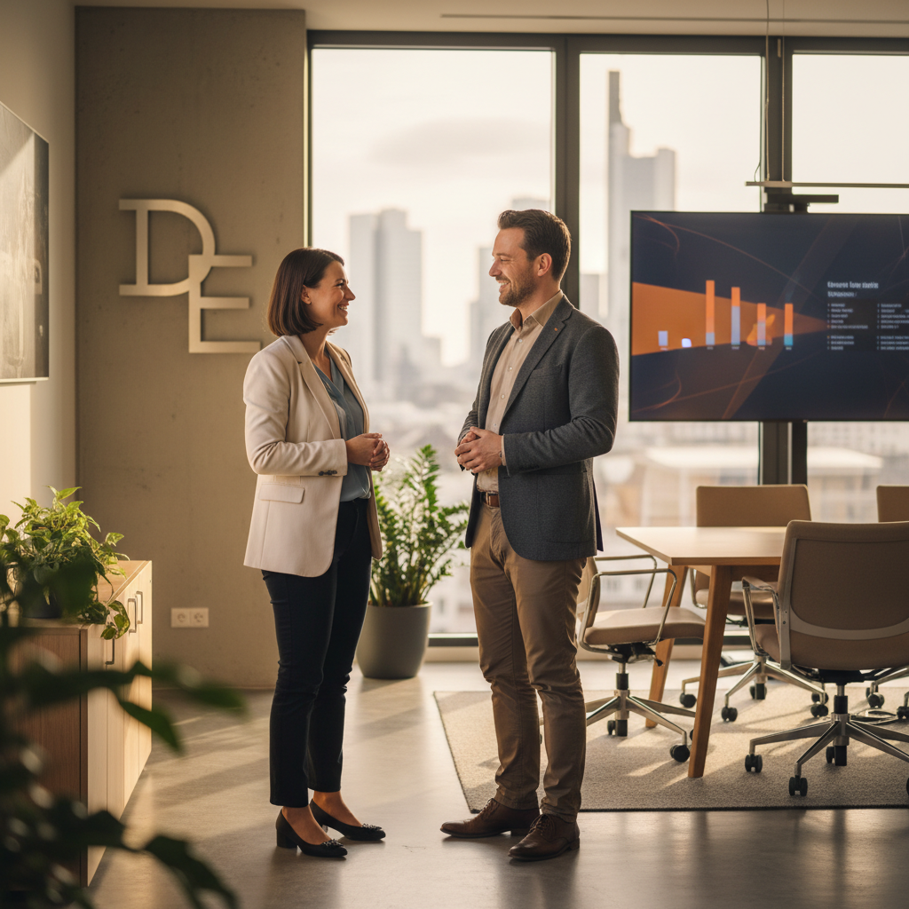 Two professionals having a friendly conversation in a modern bright office in Germany