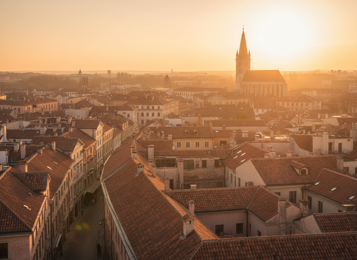 Warm golden-hour view over European rooftops and terracotta tiles with a distant church tower, soft amber sunlight, dreamy travel mood