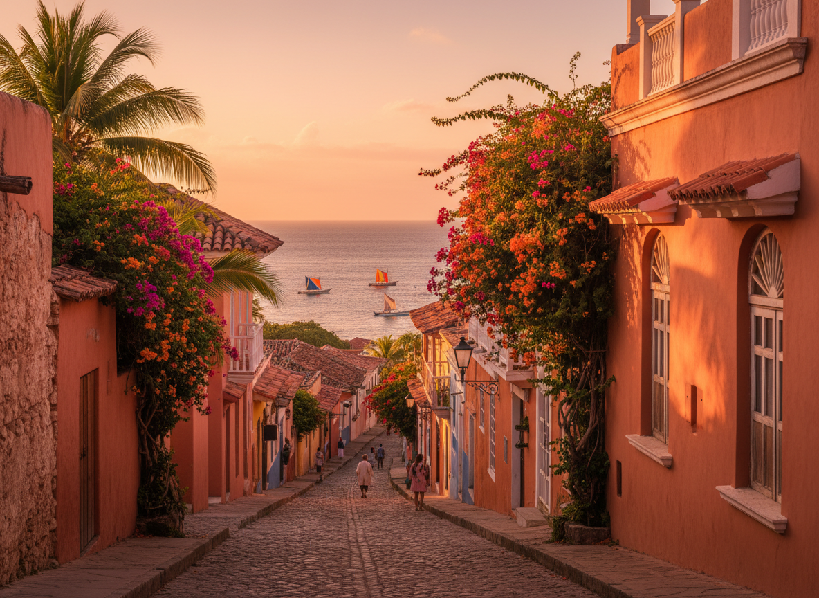Warm inviting photograph of a Latin American landscape, colorful colonial architecture or vibrant coastal town at golden hour, warm terracotta and amber tones