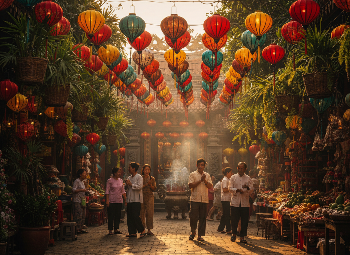 Warm vibrant photograph of an Asian street market or temple at golden hour, colorful lanterns and lush greenery, welcoming inviting mood, soft warm light