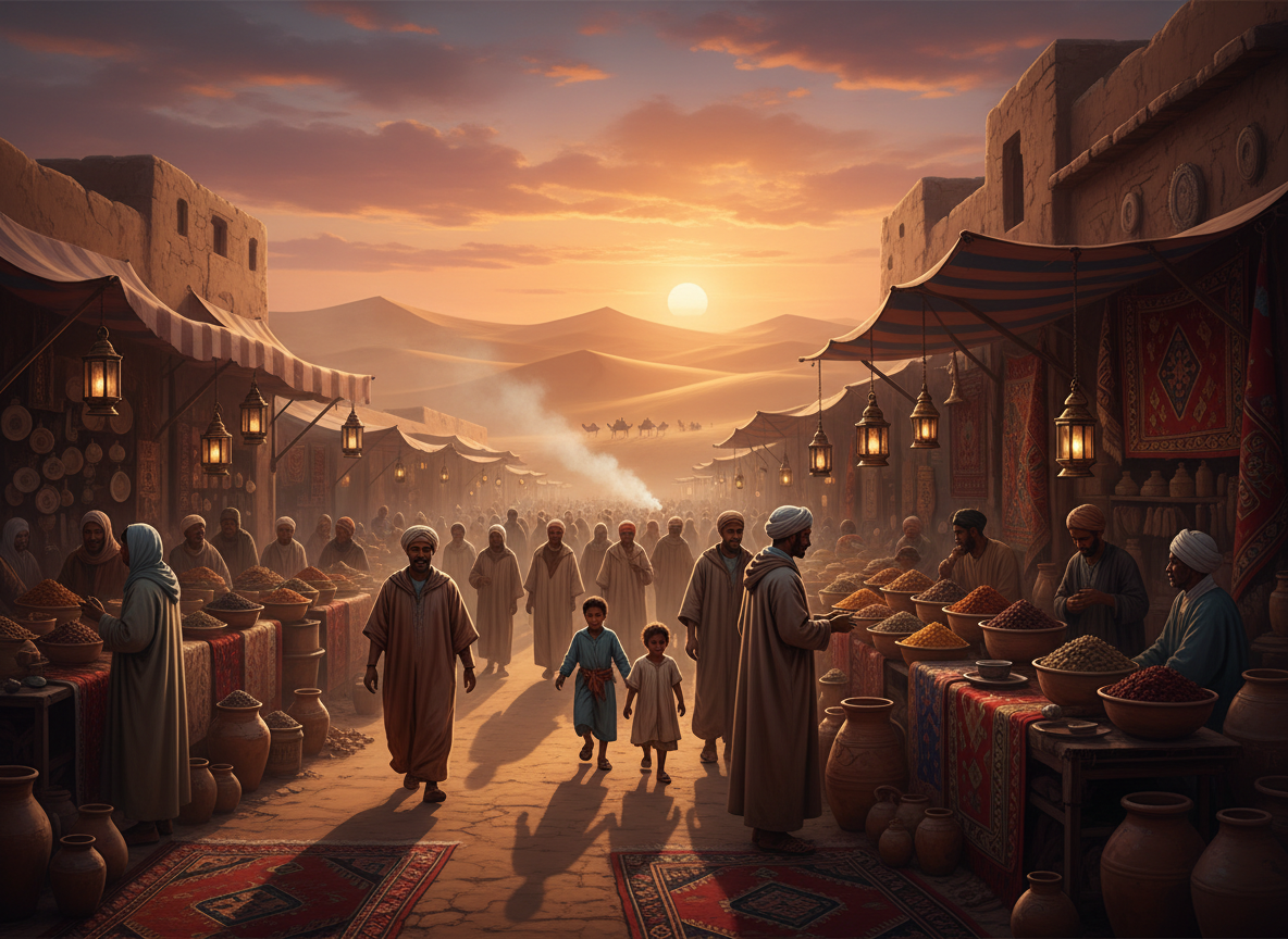 Warm evocative photograph of a North African or Middle Eastern scene, sandy desert dunes or colorful market with warm ochre and amber light at sunset, inviting welcoming mood