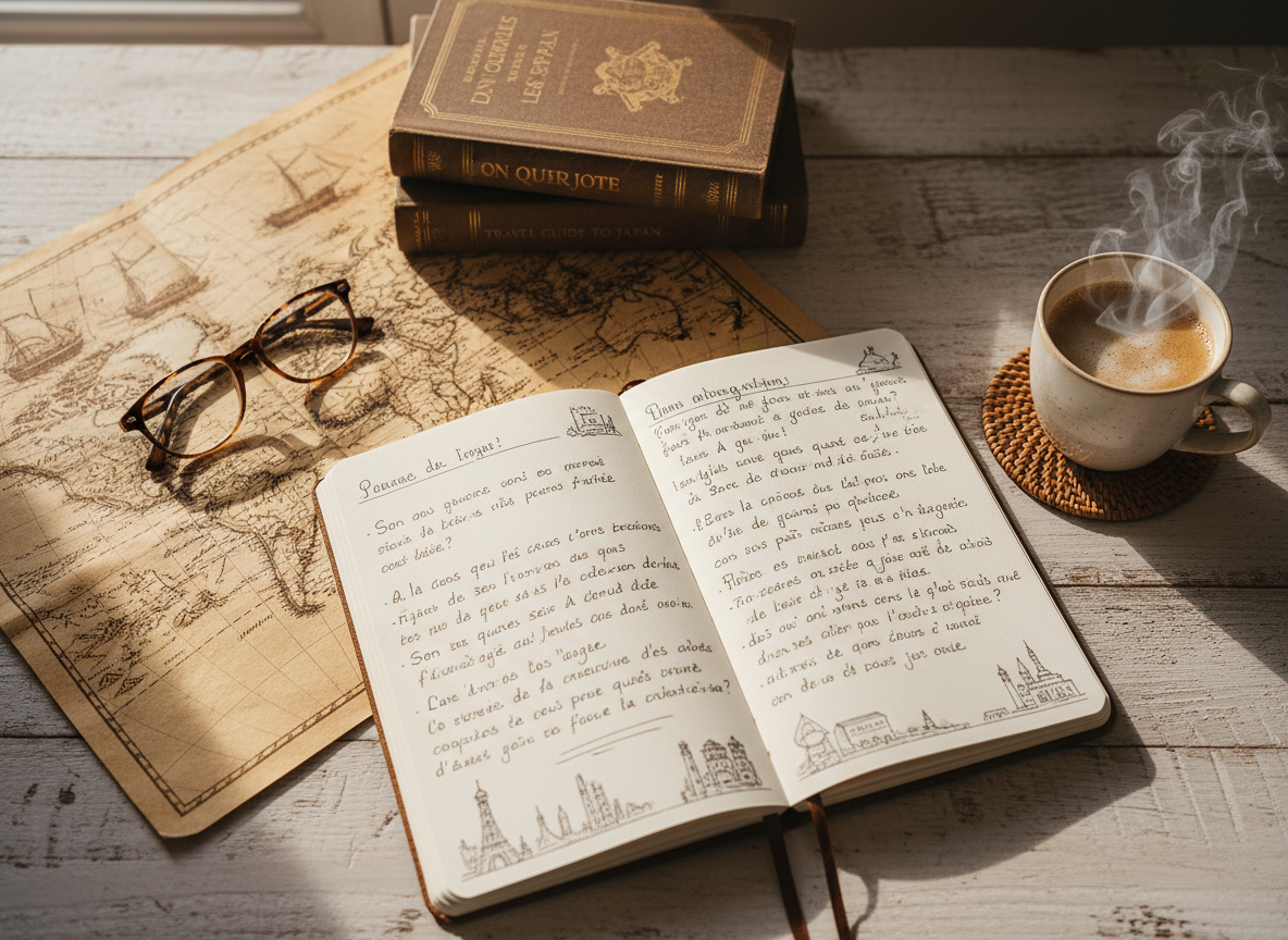 A warm, inviting flat-lay of an open notebook with handwritten language notes, a cup of coffee, a small stack of foreign-language books, a vintage world map, and a pair of glasses on a wooden table, soft natural morning light, cozy travel-and-study mood, warm amber and cream tones