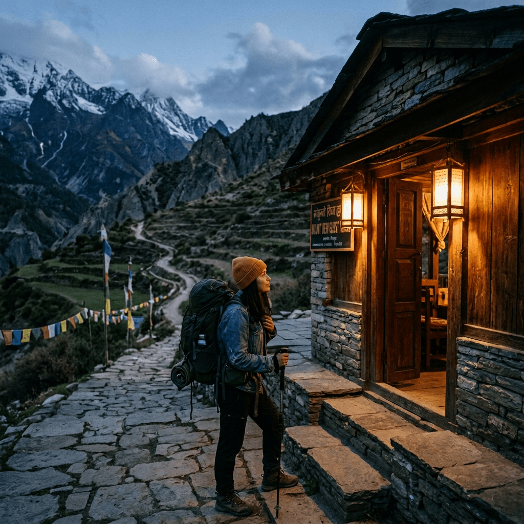 A female trekker with backpack and walking stick standing at the entrance of a mountain guesthouse with warm lights