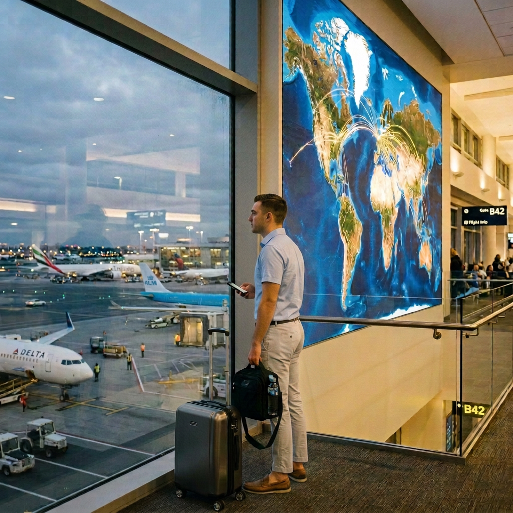 Person standing at airport gate B42 looking out window at parked airplanes and a flight route map on wall