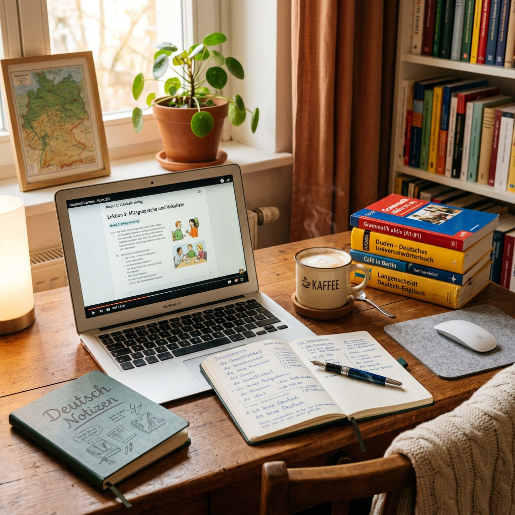 Workspace with laptop showing German lesson, notebooks with German notes, and language books