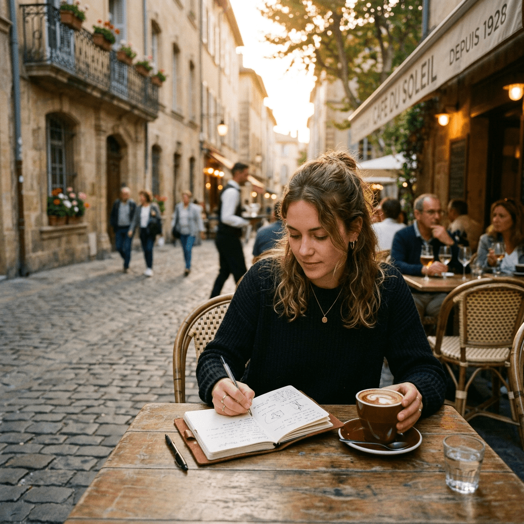 Young woman writing in a journal with a coffee cup at an outdoor café on a cobblestone street