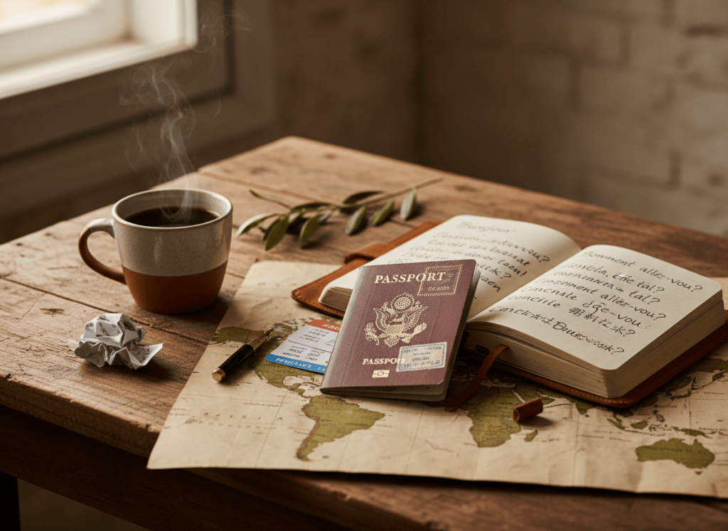 An inviting, warm and earthy travel-and-language themed photograph: an open vintage passport, handwritten travel journal with phrases in different languages, a worn world map, and a cup of coffee on a rustic wooden table, soft natural window light, terracotta and sand-brown and ochre color palette, olive green accents, cozy adventurous mood, editorial lifestyle photography, shallow depth of field