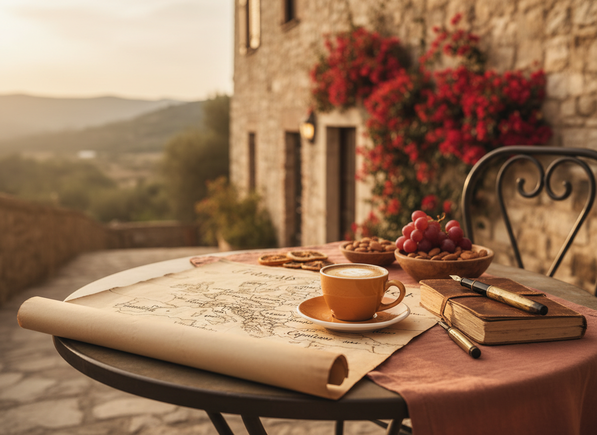 Rustikaler mediterraner Cafétisch mit einer Europakarte und einer Espressotasse in Ocker- und Terrakottatönen