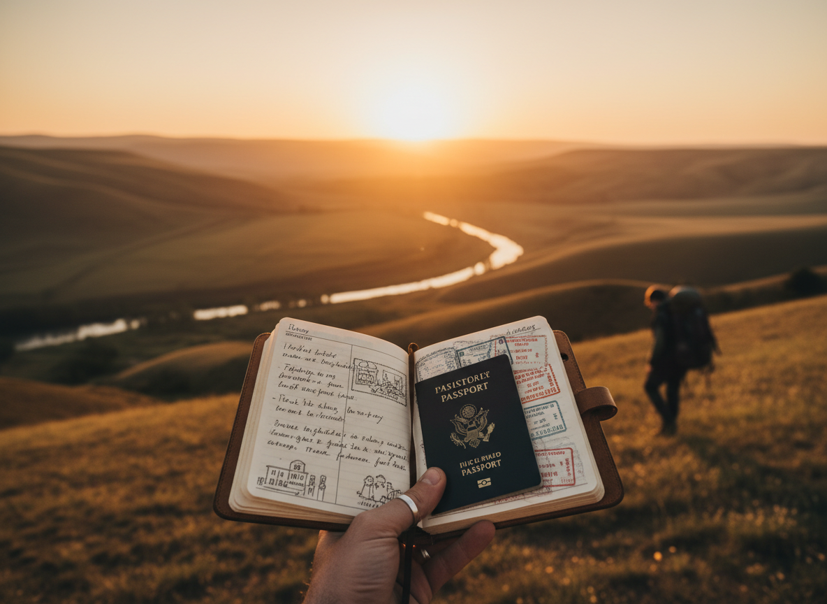 Hand hält einen aufgeschlagenen Reisepass und ein Reisetagebuch über einer warmen Landschaft im Sonnenuntergang