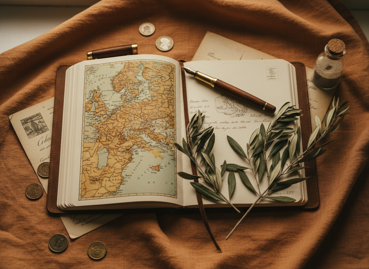 Warm flat lay of a European travel journal with a map, pressed olive leaves, and a fountain pen on a terracotta linen surface.