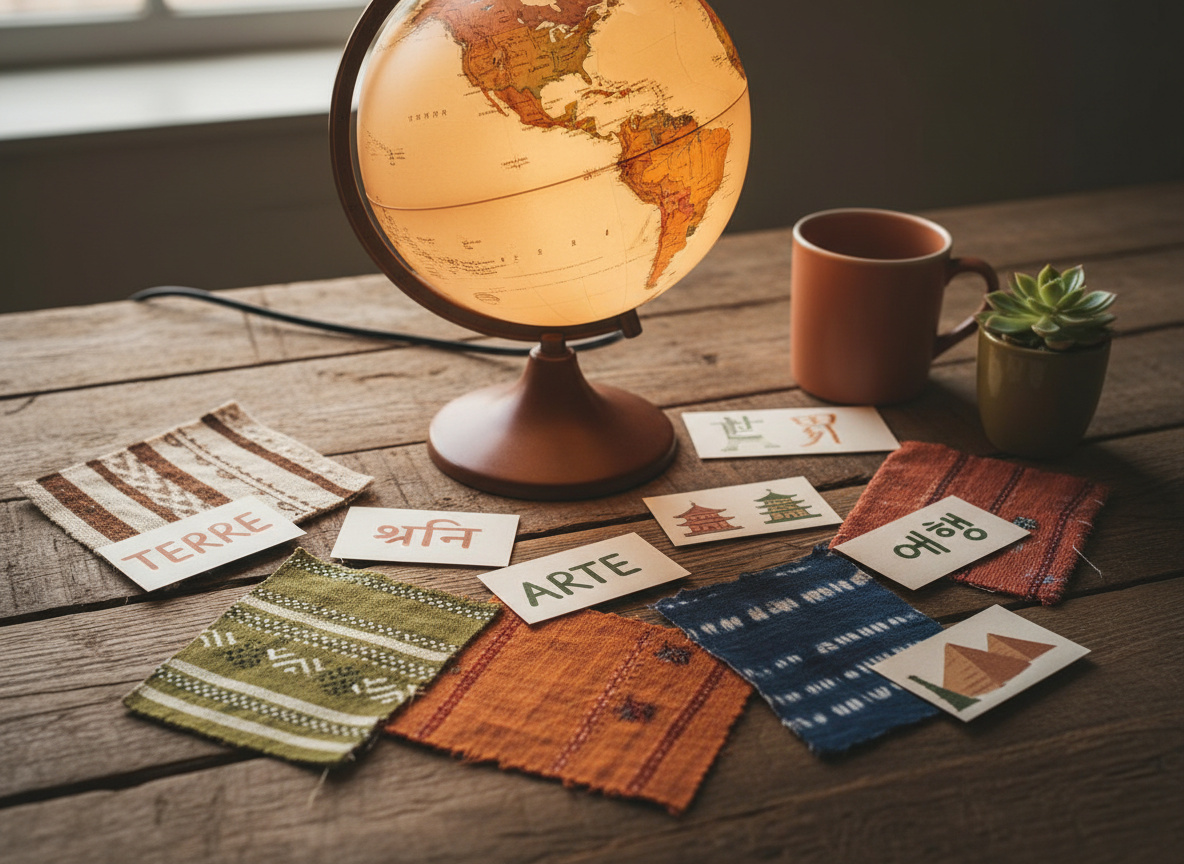 Warm globe on a wooden table surrounded by small international textile swatches and language flashcards, terracotta and olive tones.