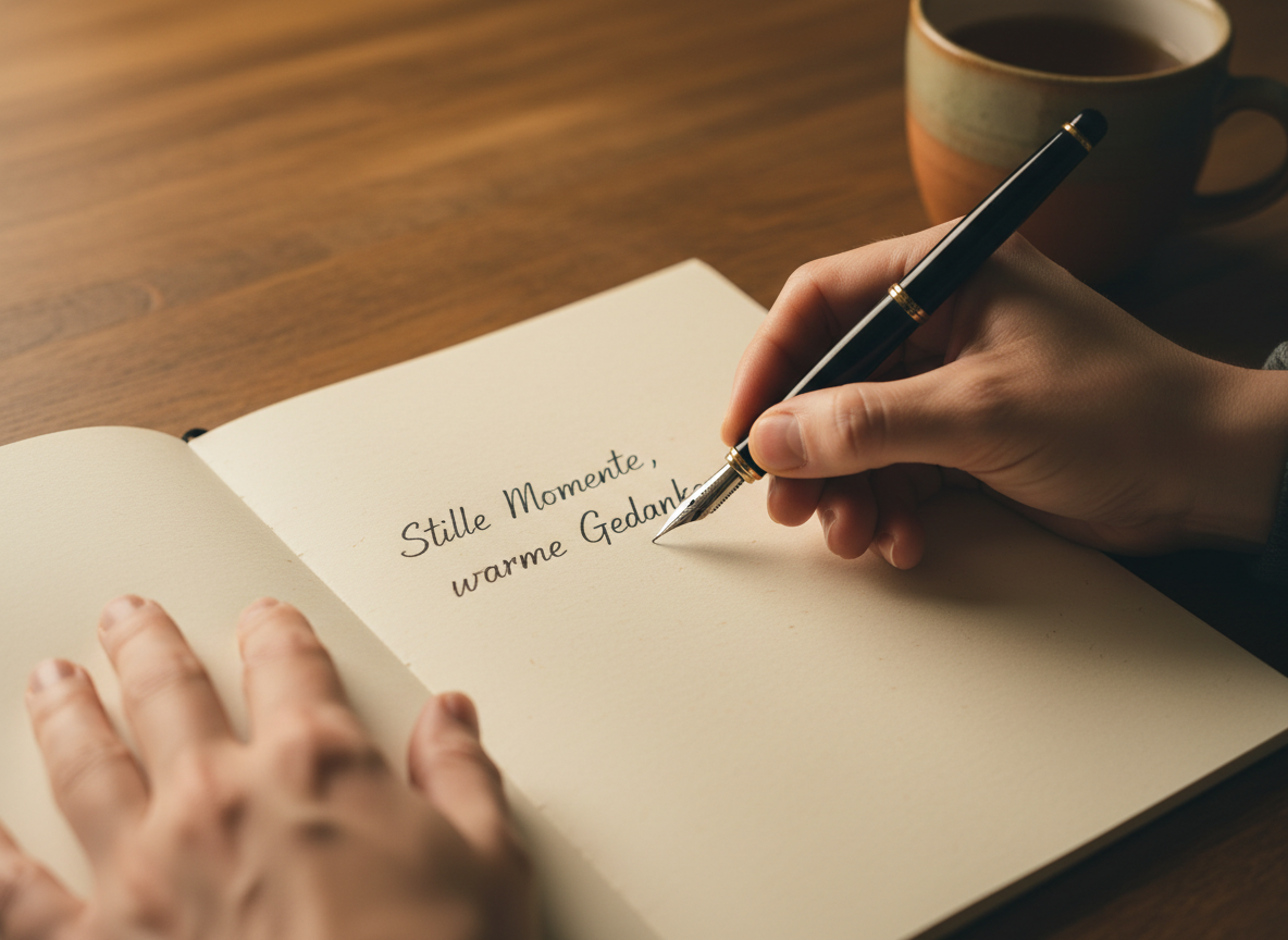 Warm close-up of hands writing German words in a notebook, soft ochre and olive light, natural wood desk, textured paper.
