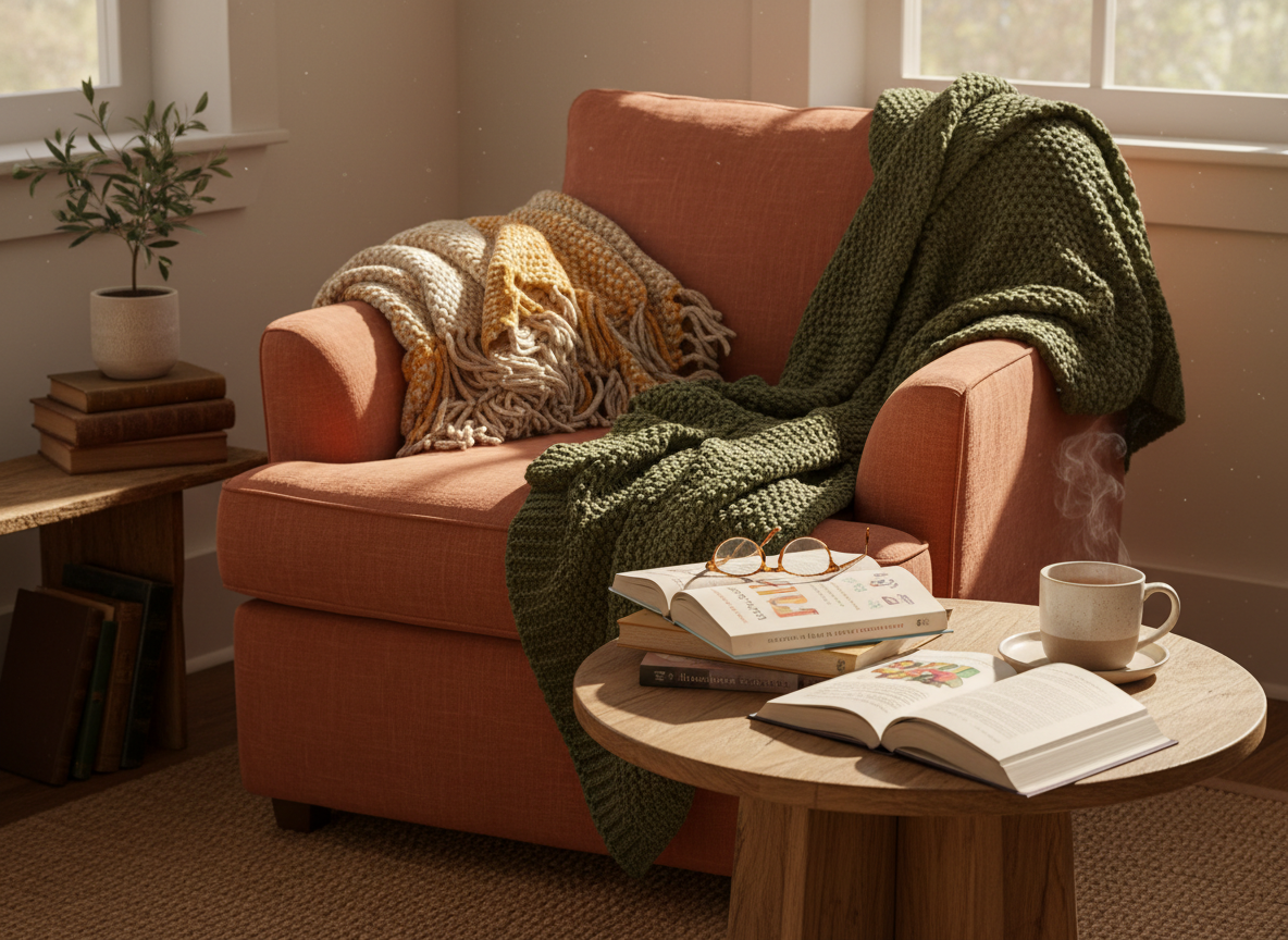 Warm editorial photograph of an inviting reading nook with open language books, a cup of tea, and soft natural light.