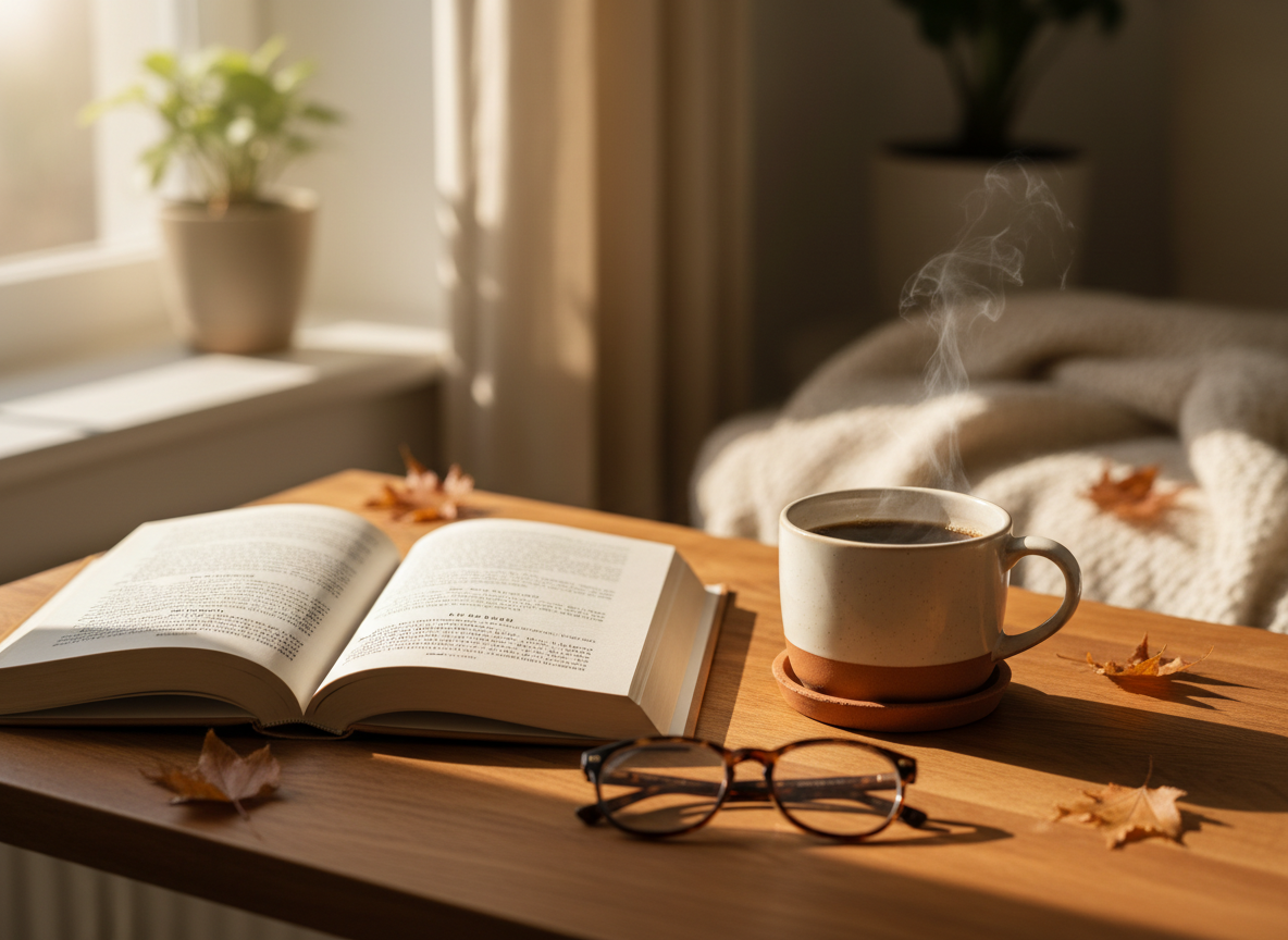 Offenes Buch mit deutschem Text auf einem Holztisch im warmen Licht