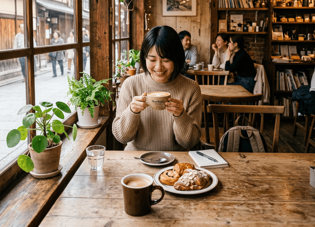 Young woman smiling while holding a cup of coffee at a wooden table with pastries in a cozy cafe
