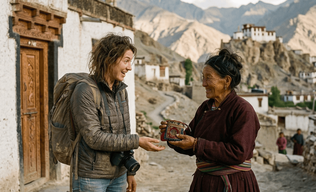 A young traveler shaking hands with an elderly local woman in a mountainous village.