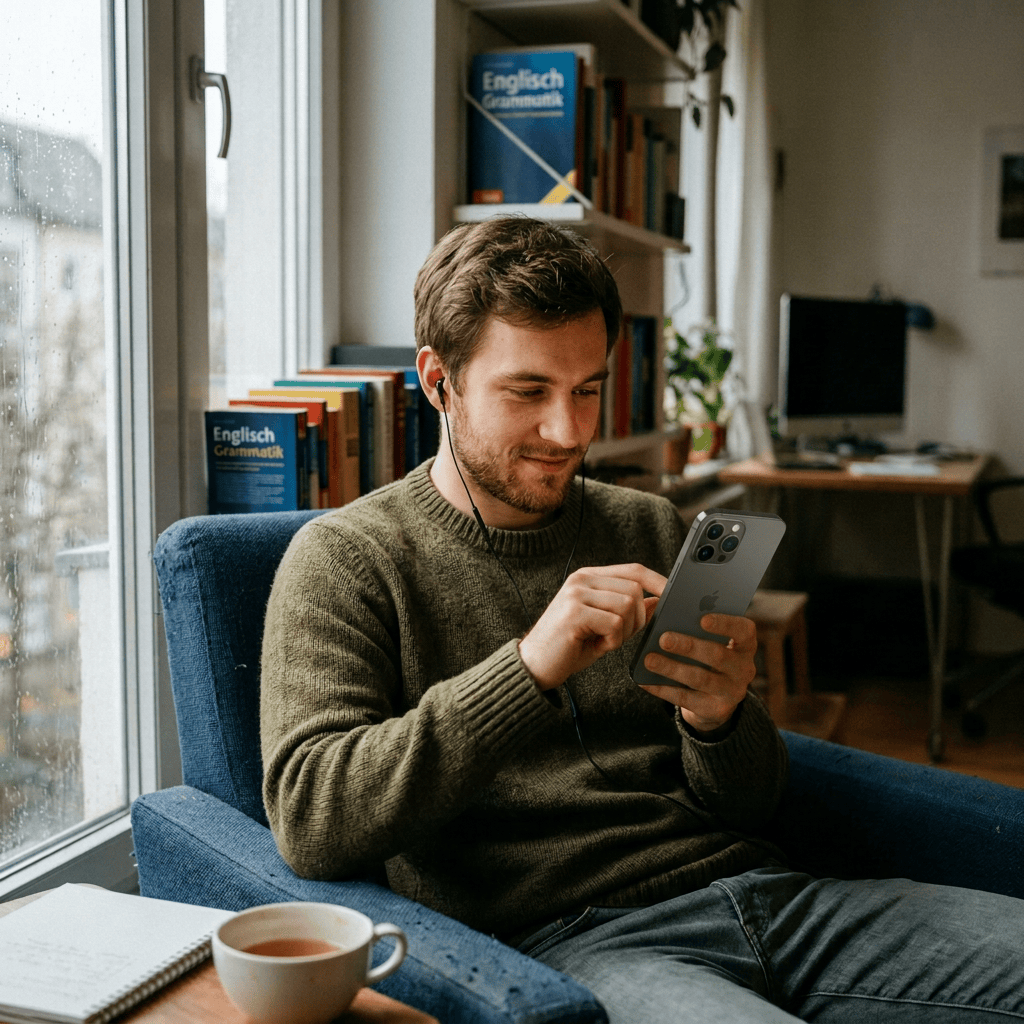 Man practicing English grammar on a smartphone in a home study area